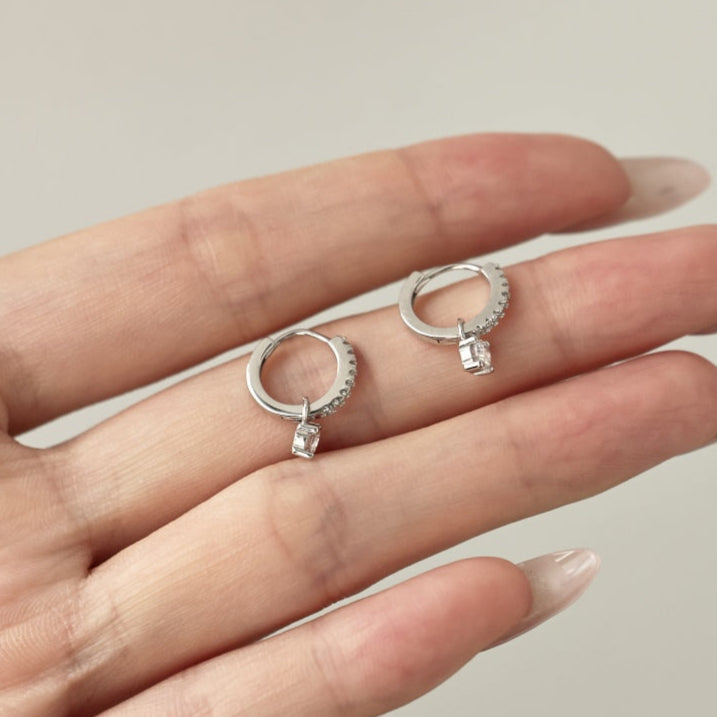 Dangling Solitaire Rhodium-Plated Hoop Earrings