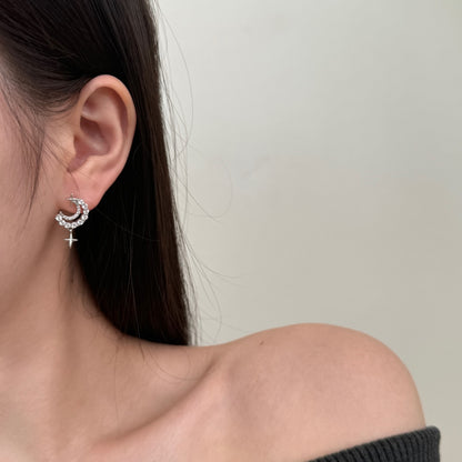 Crescent Moon Crystal Rhodium-Plated Stud Earrings