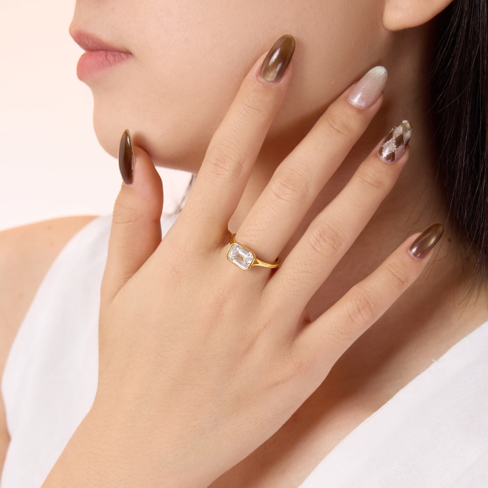 East-West Emerald Bezel Rhodium-Plated Ring