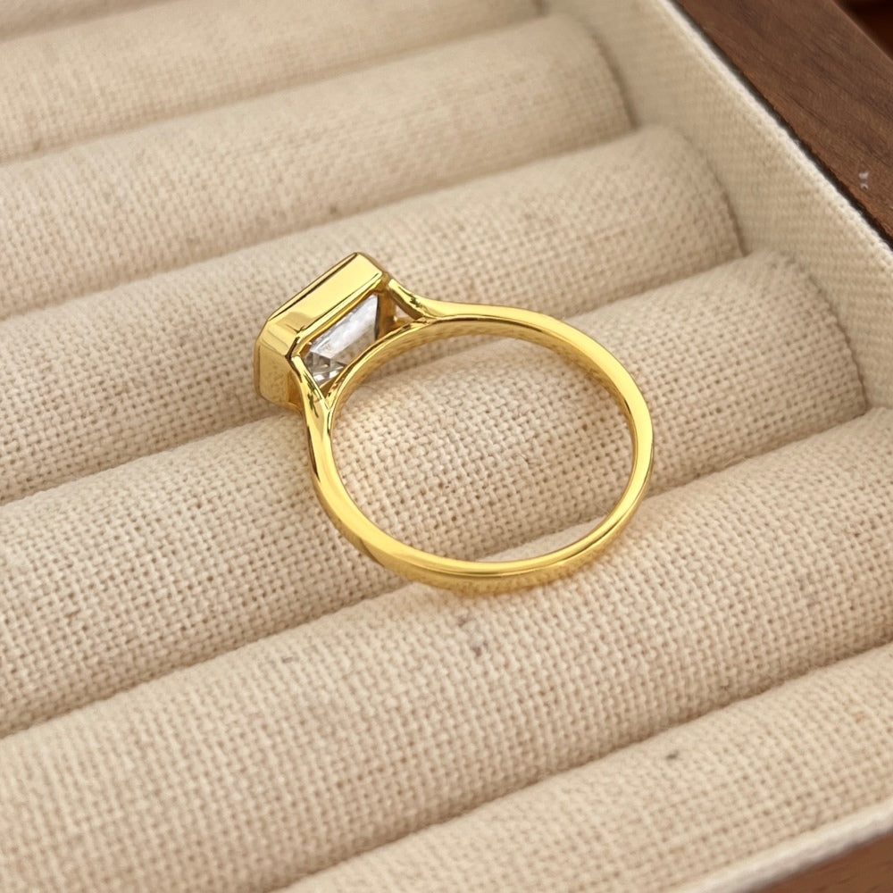 East-West Emerald Bezel Rhodium-Plated Ring