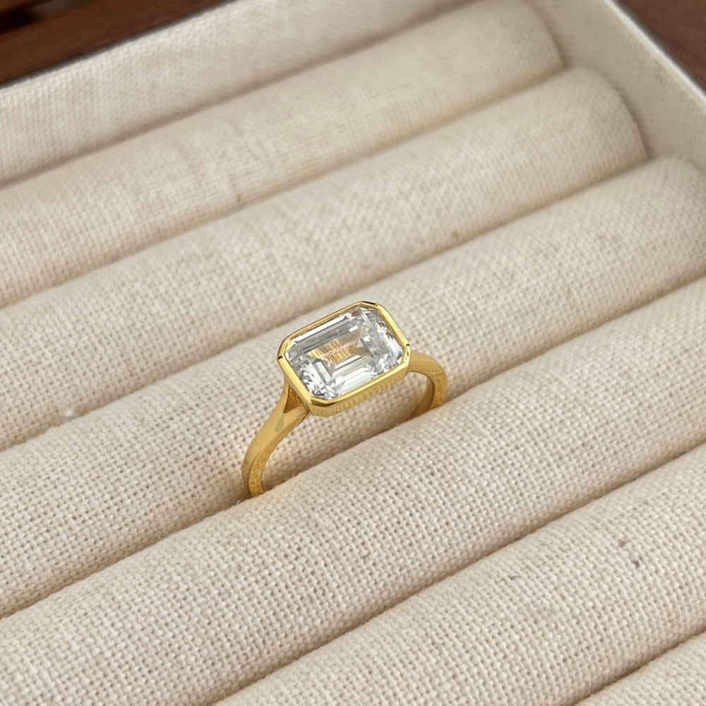 East-West Emerald Bezel Rhodium-Plated Ring