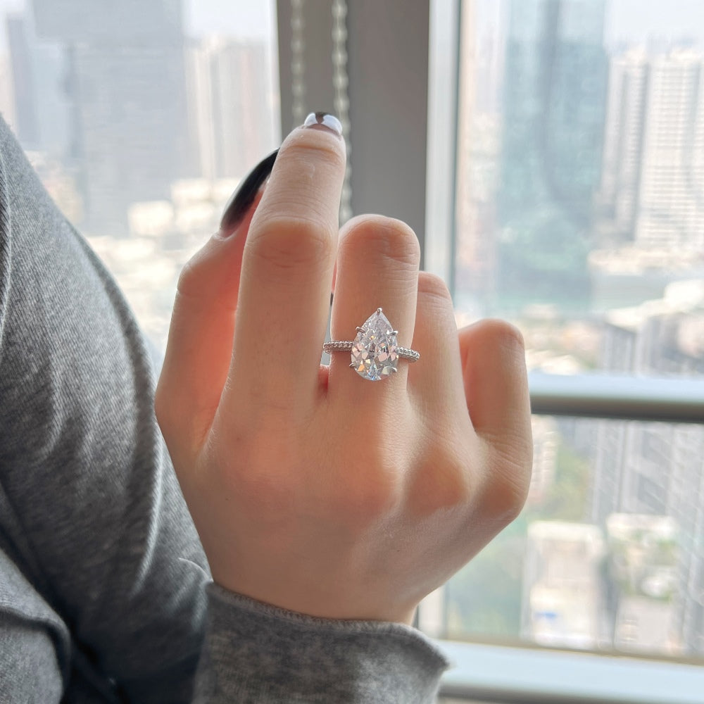 8A Pear Cut Crystal Rhodium-Plated Ring
