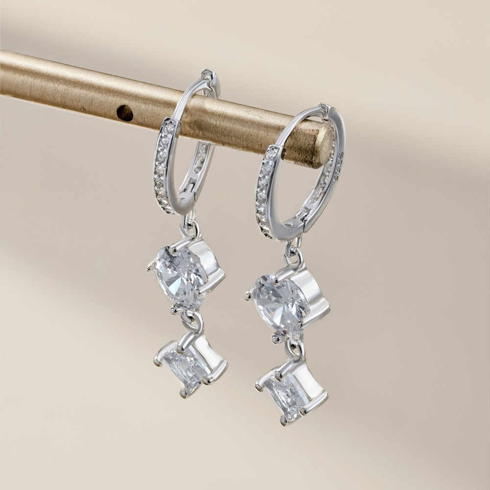 Dangling Solitaire Diamond Rhodium-Plated Hoop Earrings