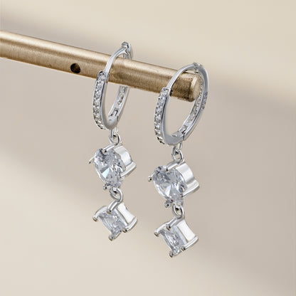 Dangling Solitaire Diamond Rhodium-Plated Hoop Earrings