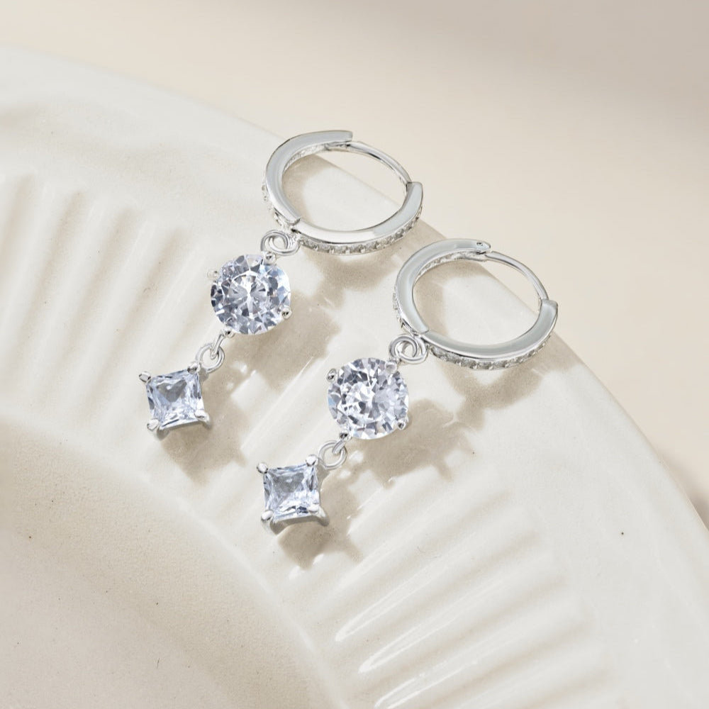 Dangling Solitaire Diamond Rhodium-Plated Hoop Earrings