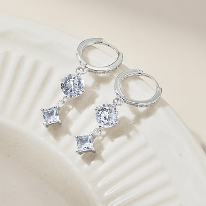 Dangling Solitaire Diamond Rhodium-Plated Hoop Earrings