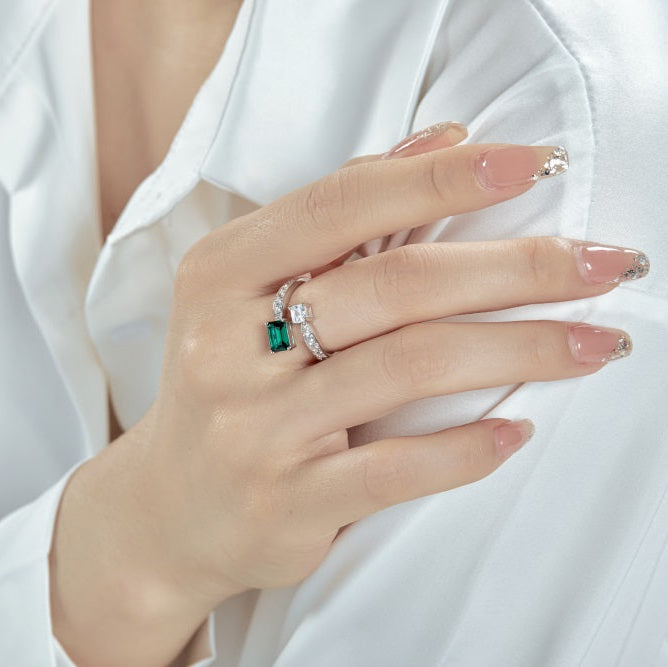 Adjustable Emerald Princess Cut You and Me Rhodium-Plated Ring