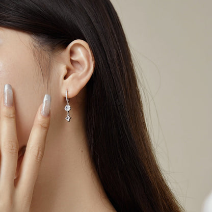 Dangling Solitaire Diamond Rhodium-Plated Hoop Earrings