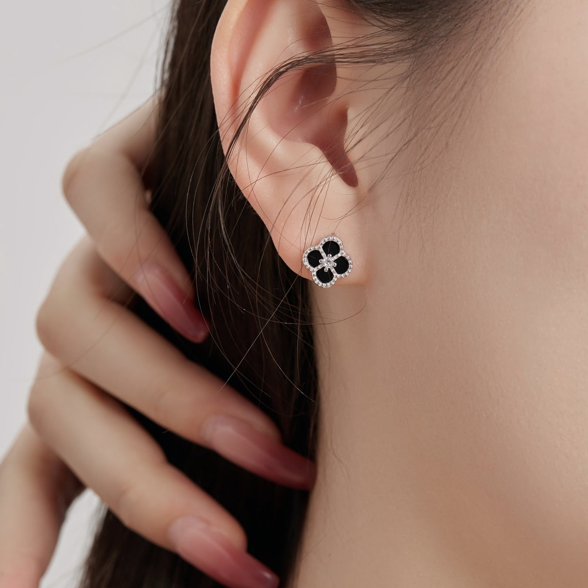 Mini Black Onyx Clover Rhodium-Plated Earrings