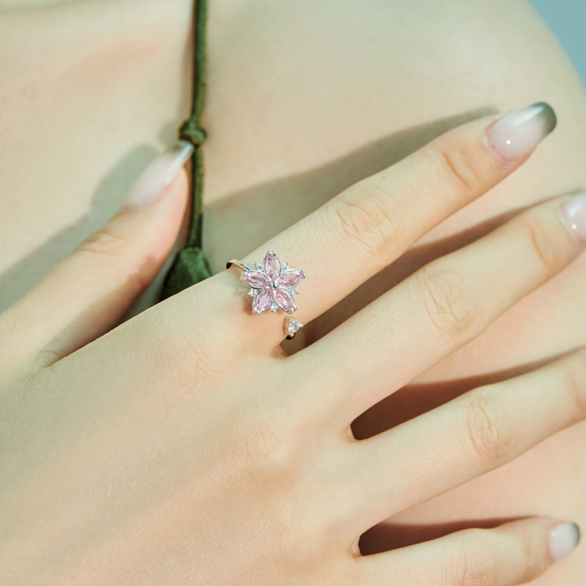 Pink Flower Rhodium-Plated Ring