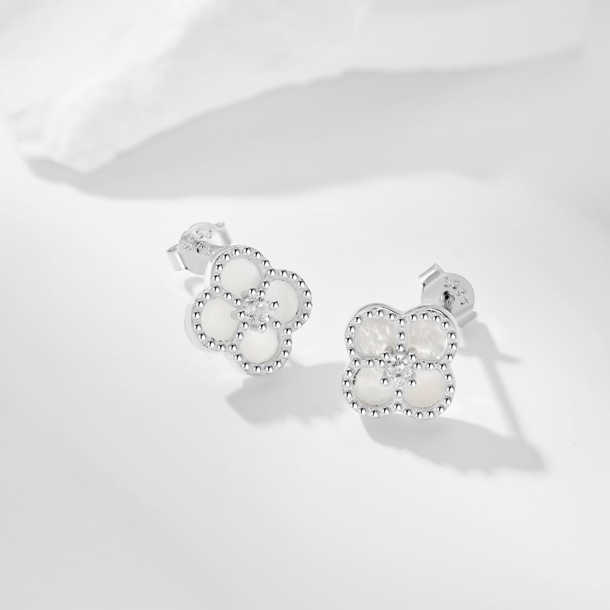 Mini Mother of Pearl Clover Rhodium-Plated Earrings
