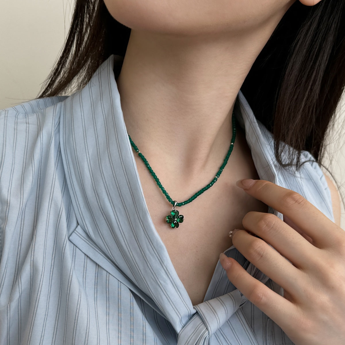 Beaded Clover Rhodium-Plated Necklace