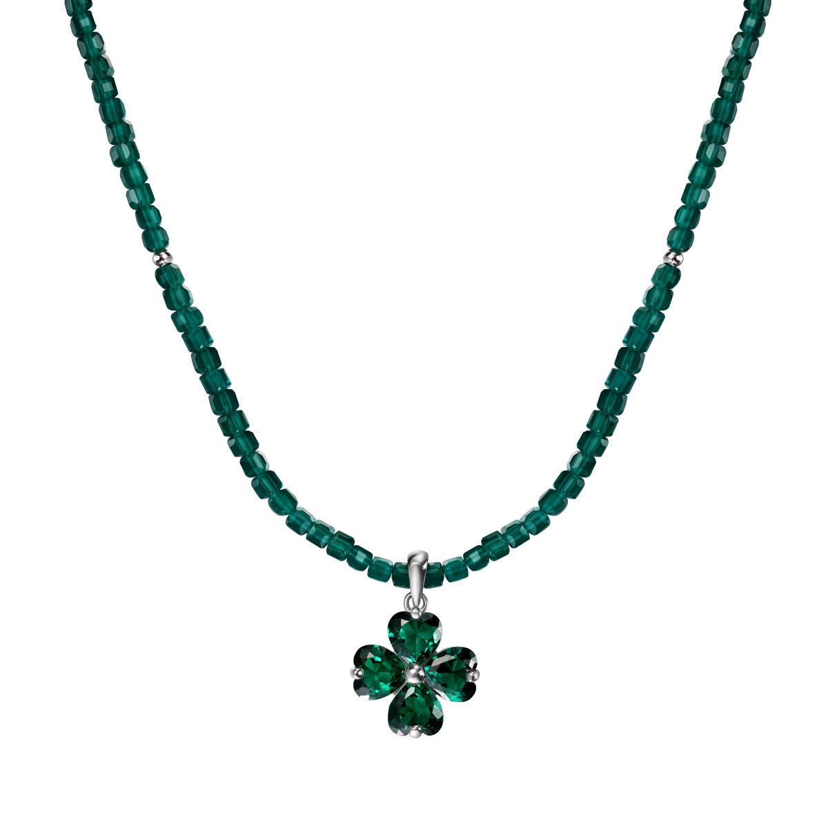 Beaded Clover Rhodium-Plated Necklace