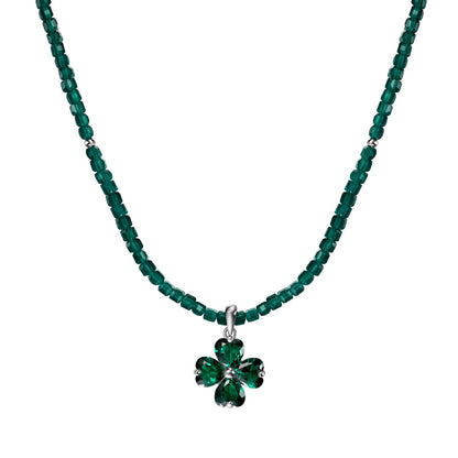 Beaded Clover Rhodium-Plated Necklace