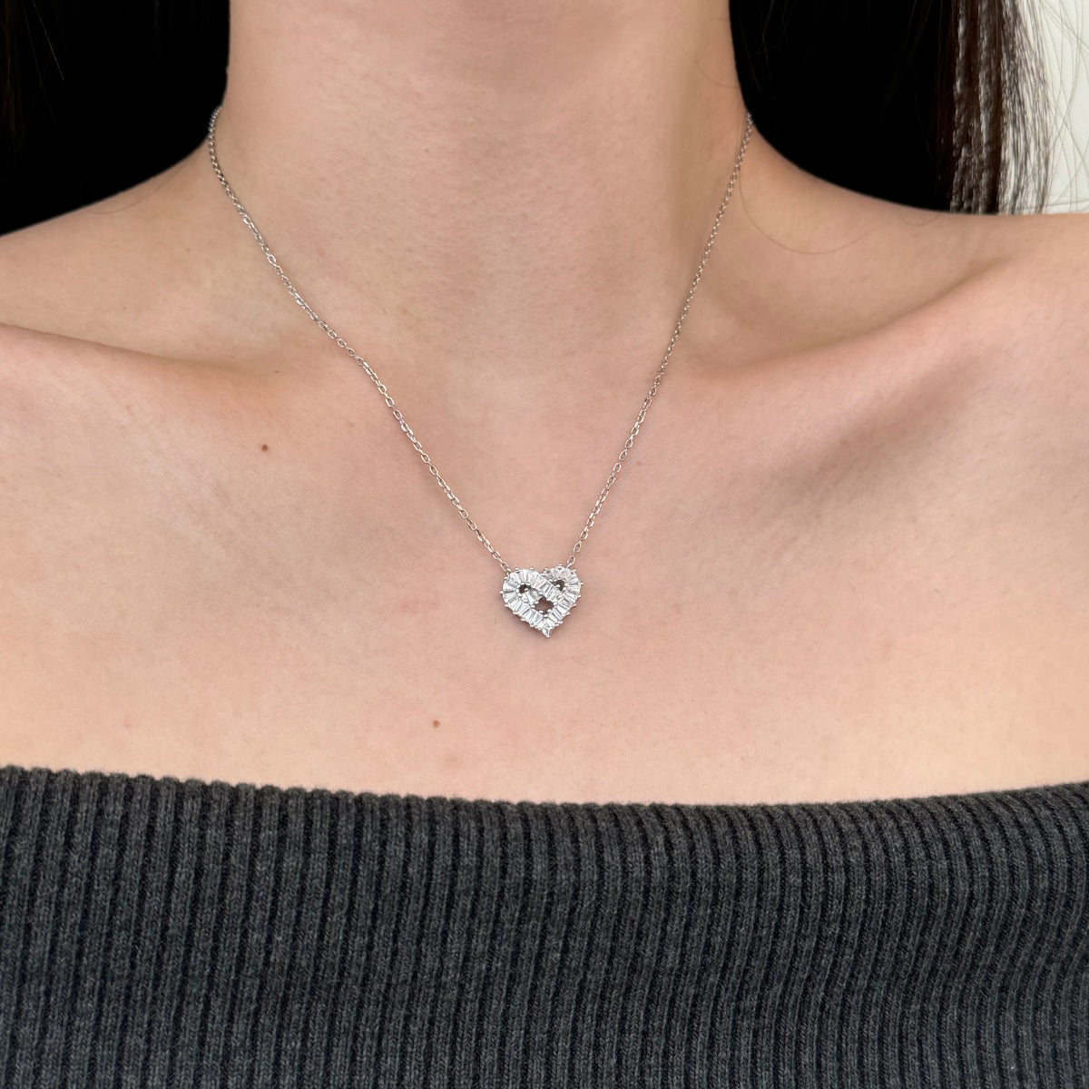 Premium Heart Baguette Rhodium-Plated Necklace