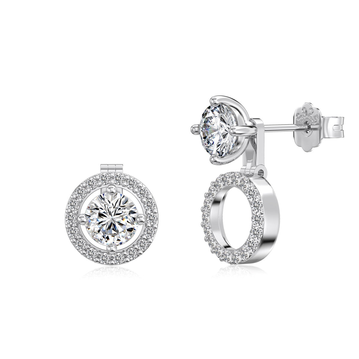 3-in-1 Round Crystal Rhodium-Plated Stud Earrings