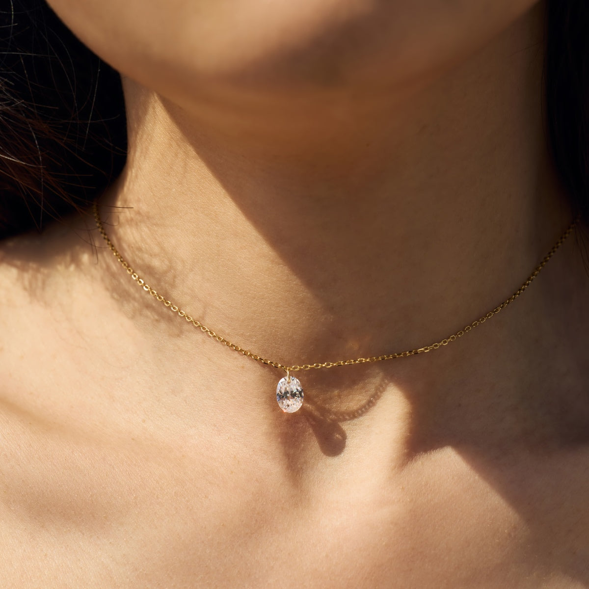 Oval Dangling Rhodium-Plated Necklace