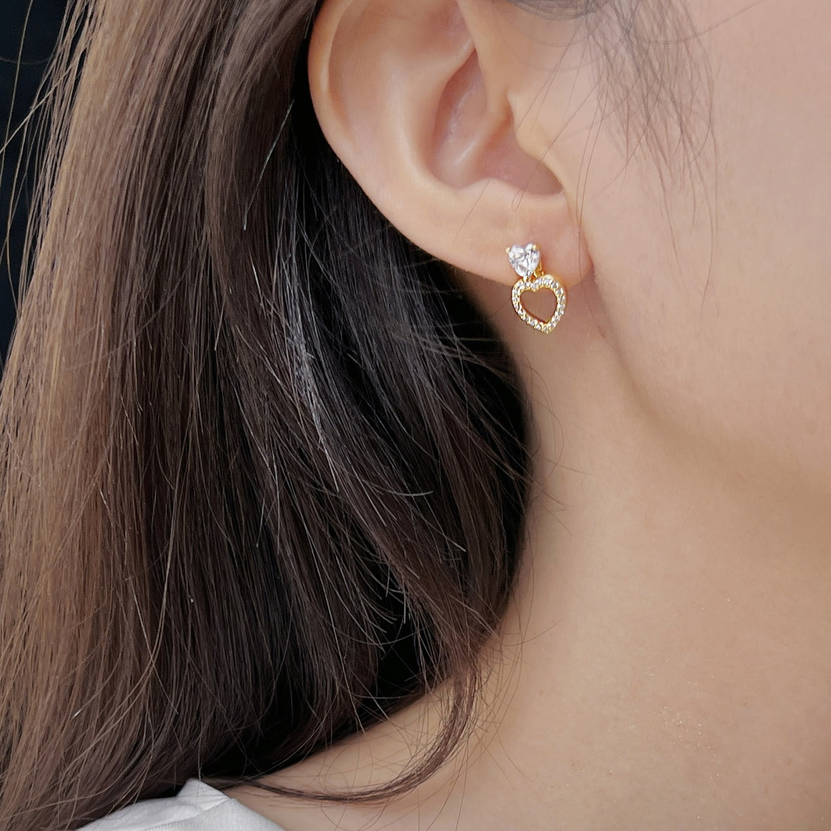 3-in-1 Heart Crystal Rhodium-Plated Stud Earrings