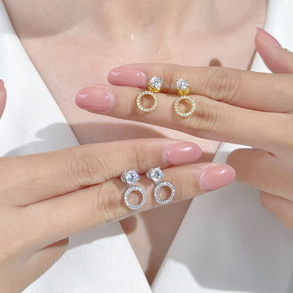 3-in-1 Round Crystal Rhodium-Plated Stud Earrings