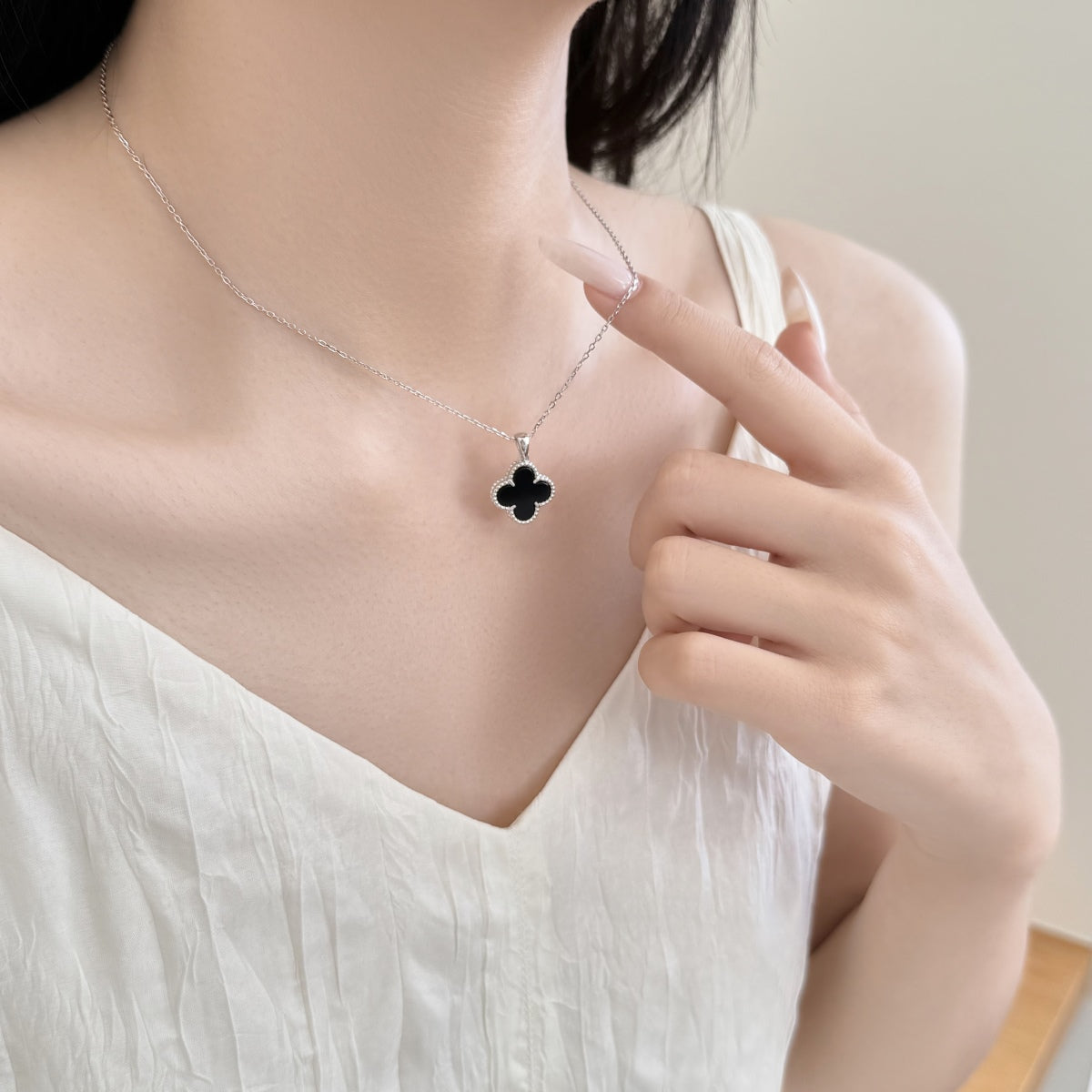 Reversible Clover Rhodium-Plated Necklace