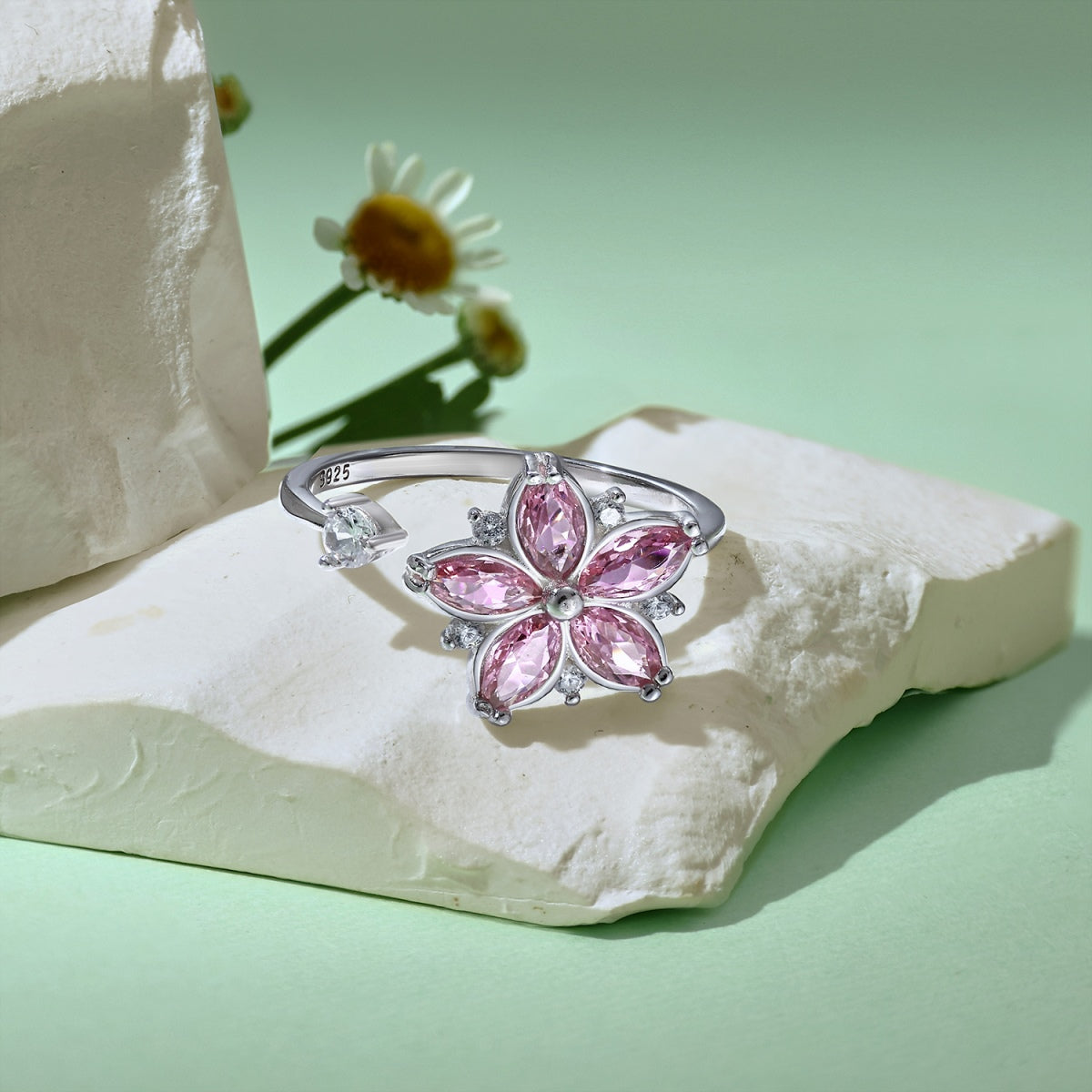 Pink Flower Rhodium-Plated Ring