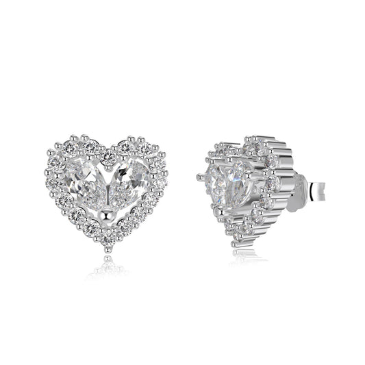 Heart Pear Crystal Rhodium-Plated Stud Earrings