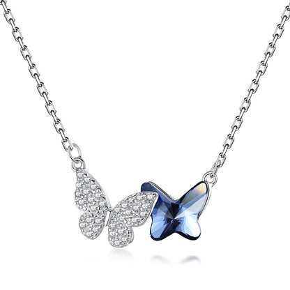 Butterfly Crystal Blue Rhodium-Plated Necklace