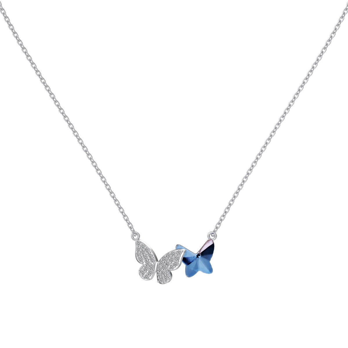 Butterfly Crystal Blue Rhodium-Plated Necklace