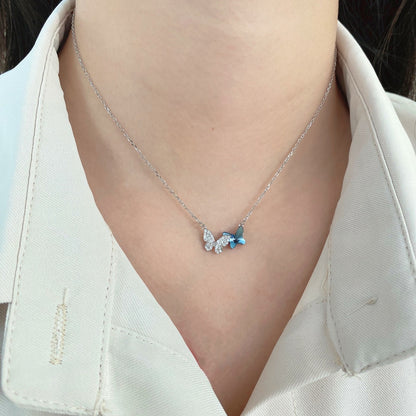 Butterfly Crystal Blue Rhodium-Plated Necklace