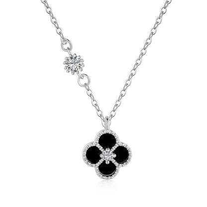Mini Black Onyx Clover Rhodium-Plated Necklace