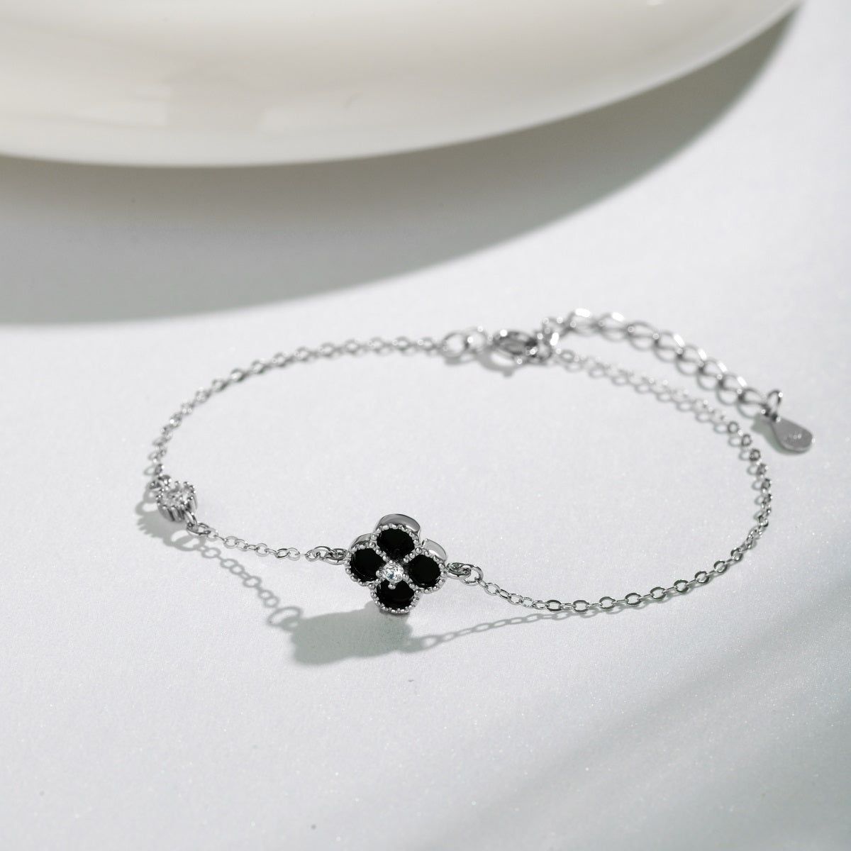 Mini Black Onyx Clover Rhodium-Plated Bracelet