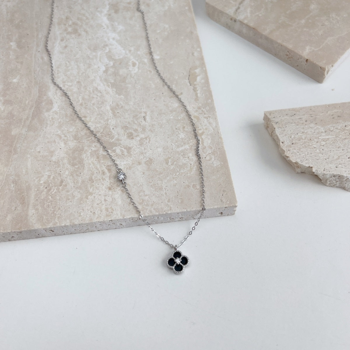 Mini Black Onyx Clover Rhodium-Plated Necklace