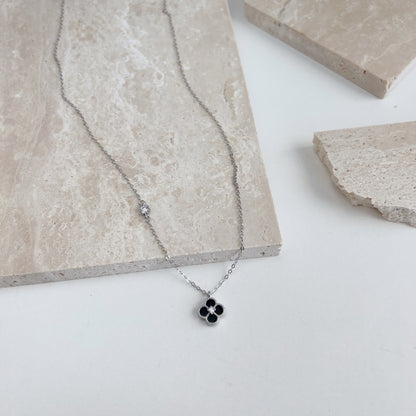 Mini Black Onyx Clover Rhodium-Plated Necklace