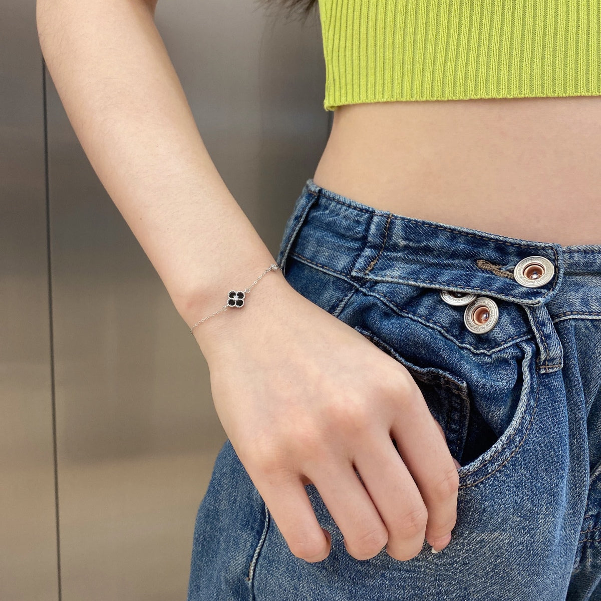 Mini Black Onyx Clover Rhodium-Plated Bracelet