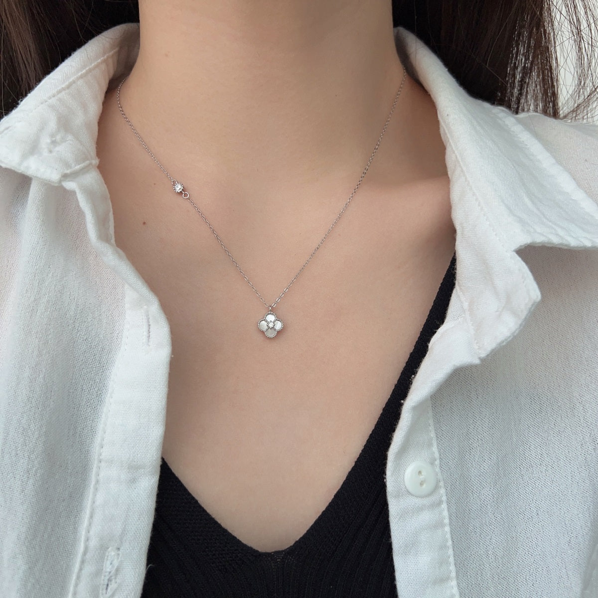 Mini Mother of Pearl Clover Rhodium-Plated Necklace