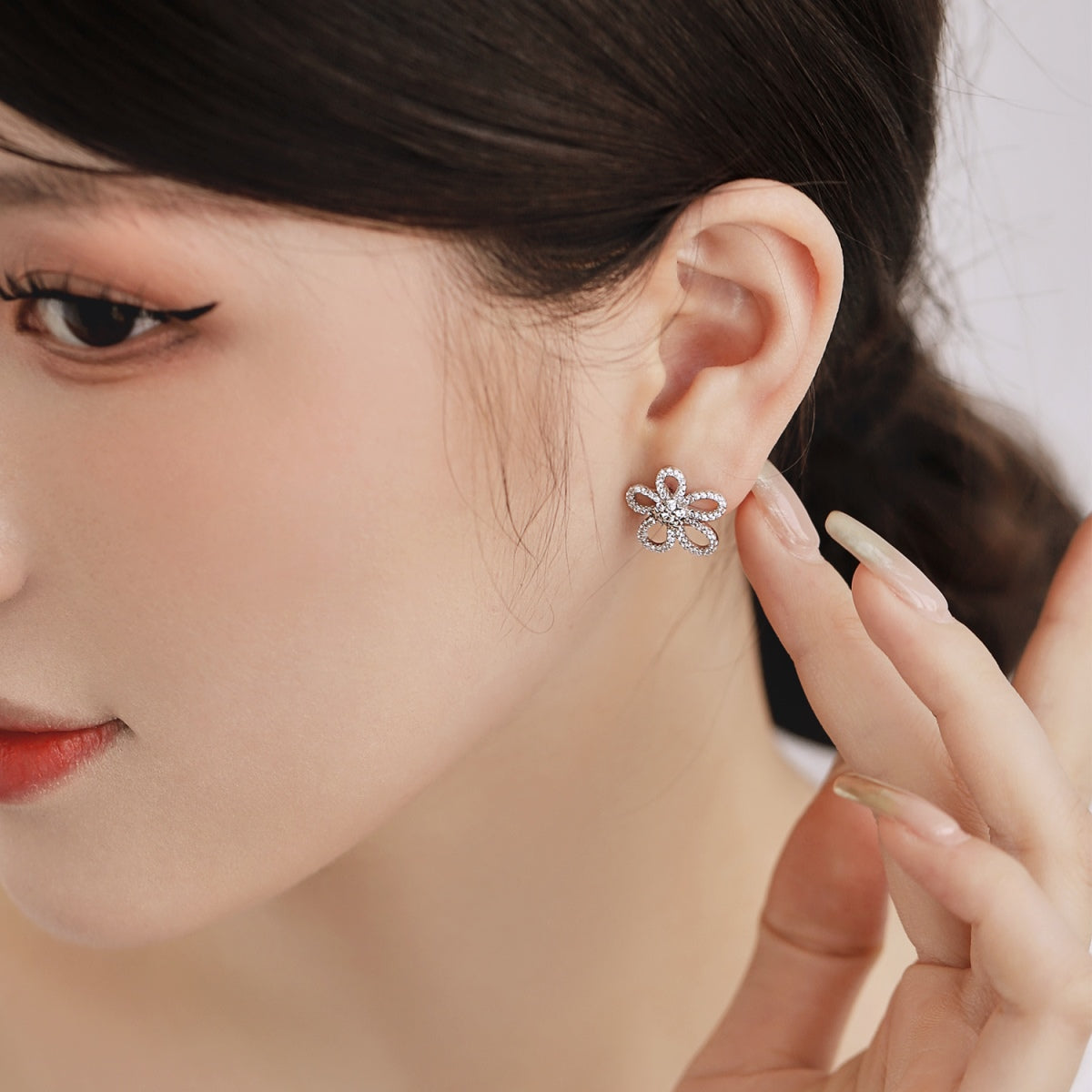 Open Flower Rhodium-Plated Stud Earrings
