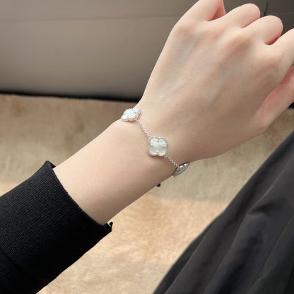 Mother of Pearl Crystal Four-Leaf Clover Rhodium-Plated Bracelet