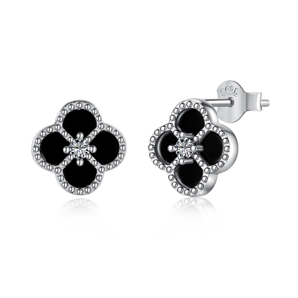 Mini Black Onyx Clover Rhodium-Plated Earrings