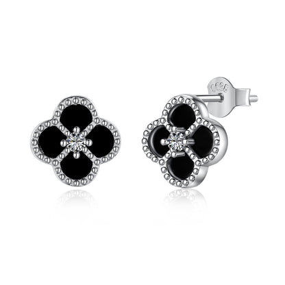 Mini Black Onyx Clover Rhodium-Plated Earrings