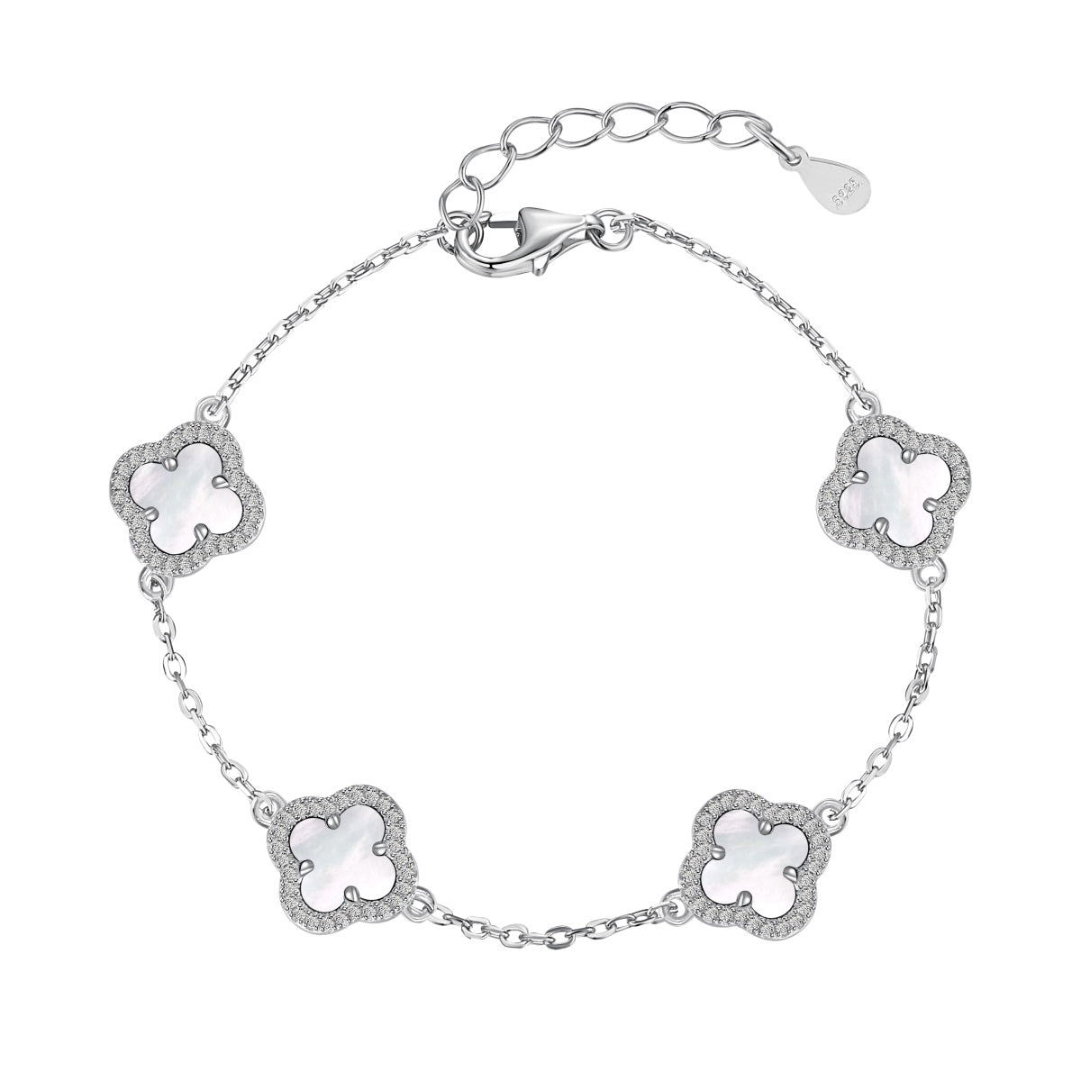 Mother of Pearl Crystal Four-Leaf Clover Rhodium-Plated Bracelet