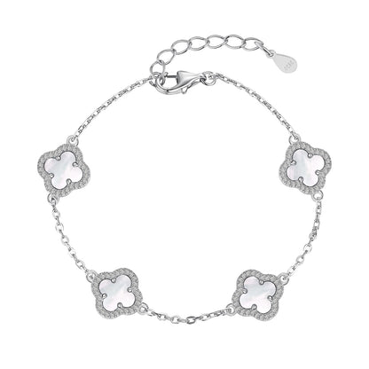 Mother of Pearl Crystal Four-Leaf Clover Rhodium-Plated Bracelet