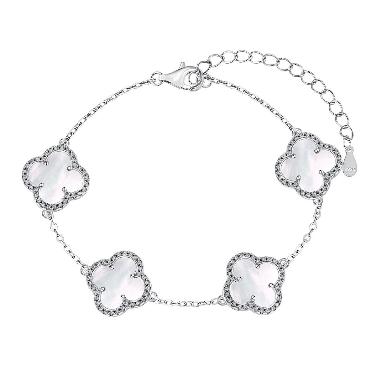 Mother of Pearl Crystal Four-Leaf Clover Rhodium-Plated Bracelet