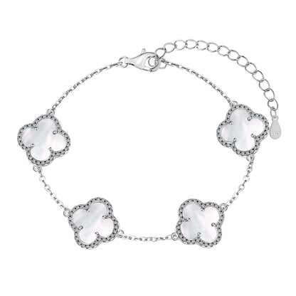 Mother of Pearl Crystal Four-Leaf Clover Rhodium-Plated Bracelet