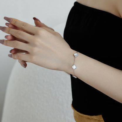 Mother of Pearl Crystal Four-Leaf Clover Rhodium-Plated Bracelet