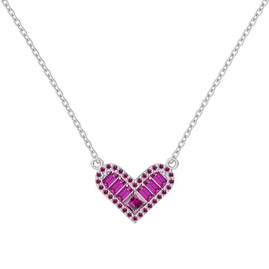 Pink Crystal Heart Baguette Rhodium-Plated Necklace