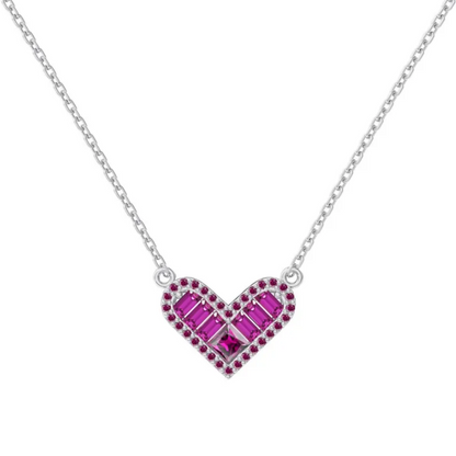 Pink Crystal Heart Baguette Rhodium-Plated Necklace