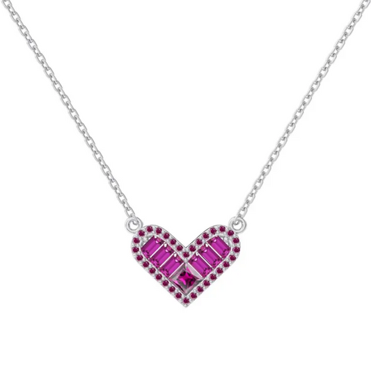 Pink Crystal Heart Baguette Rhodium-Plated Necklace