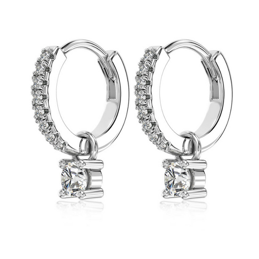 Dangling Solitaire Rhodium-Plated Hoop Earrings