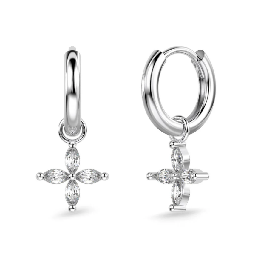 Dangling Flower Rhodium-Plated Hoop Earrings