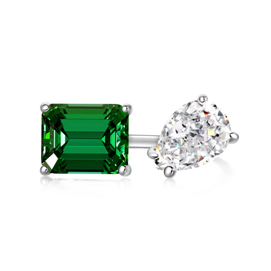 Adjustable Emerald Pear You and Me Rhodium-Plated Ring